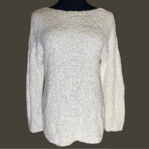 LOU & GREY White Fuzzy Boat Neck Long Sleeve Pullover Sweater Top